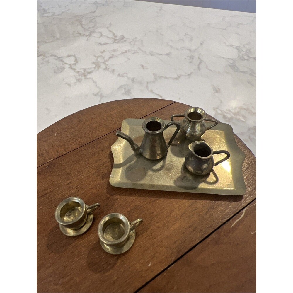 Vintage Brass Dollhouse Tea Coffee Serving Set 6 Piece Miniature Kitchen Decor